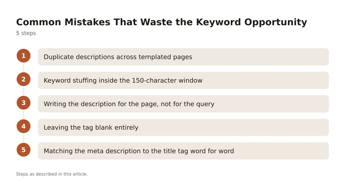 A five-step process diagram showing common mistakes that waste meta description keyword opportunities.