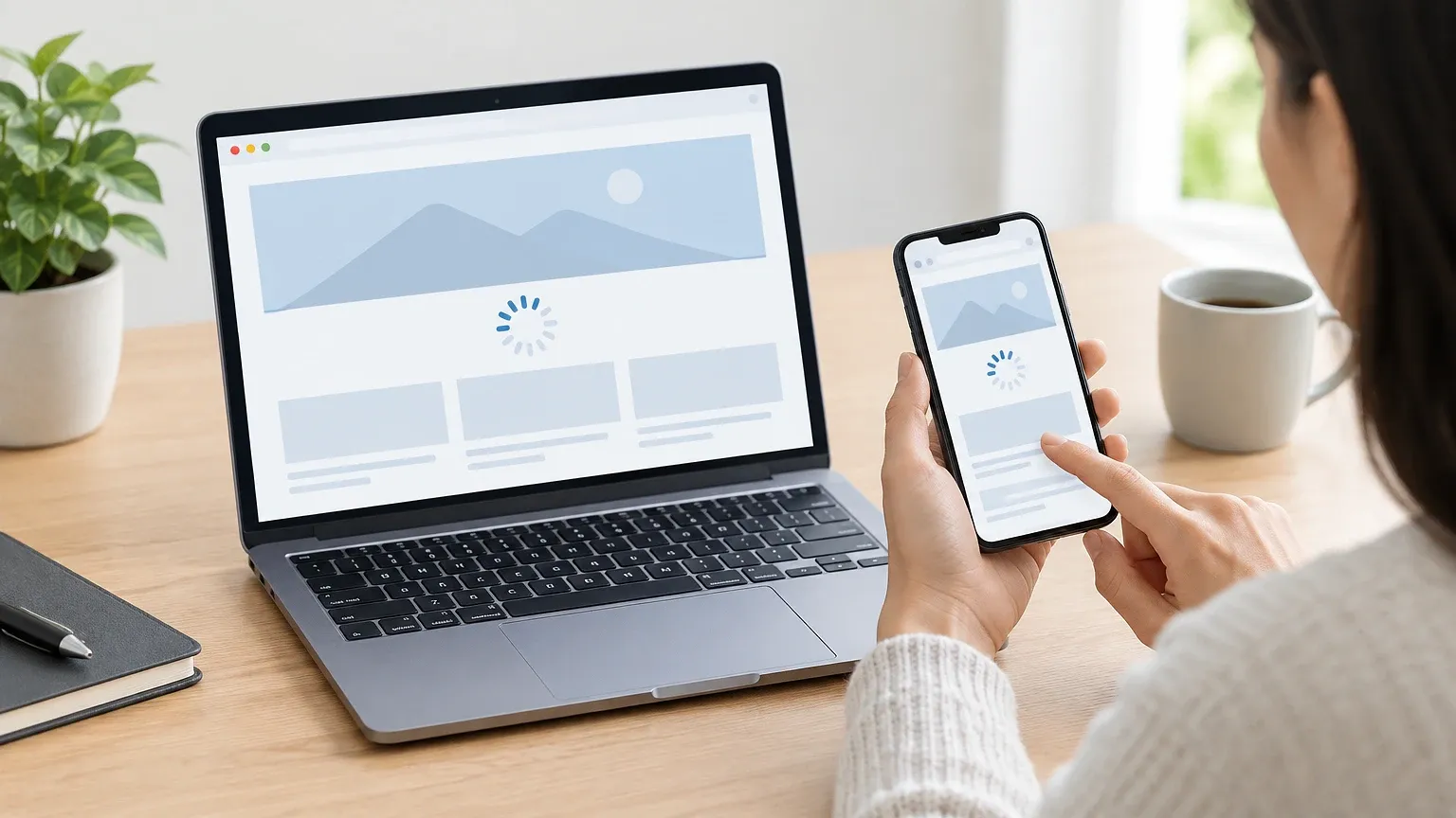 A person checking how a webpage loads and behaves on both a laptop and a smartphone.