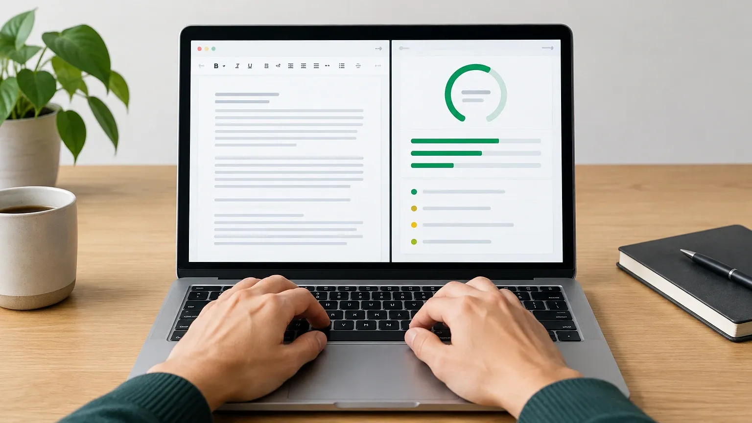A person writing an article while a content score updates in real time next to their draft.