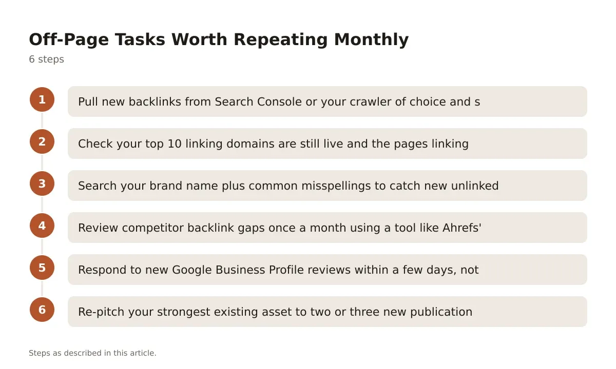 A six-step process diagram showing monthly off-page SEO maintenance tasks in sequence