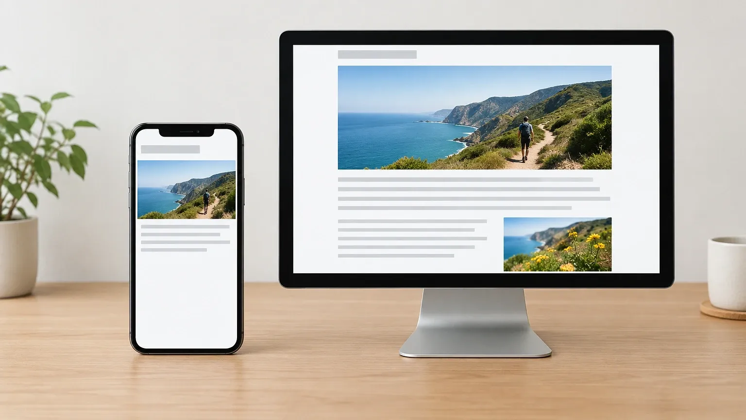 A smartphone and desktop monitor displaying the same webpage, with content missing from the mobile screen.