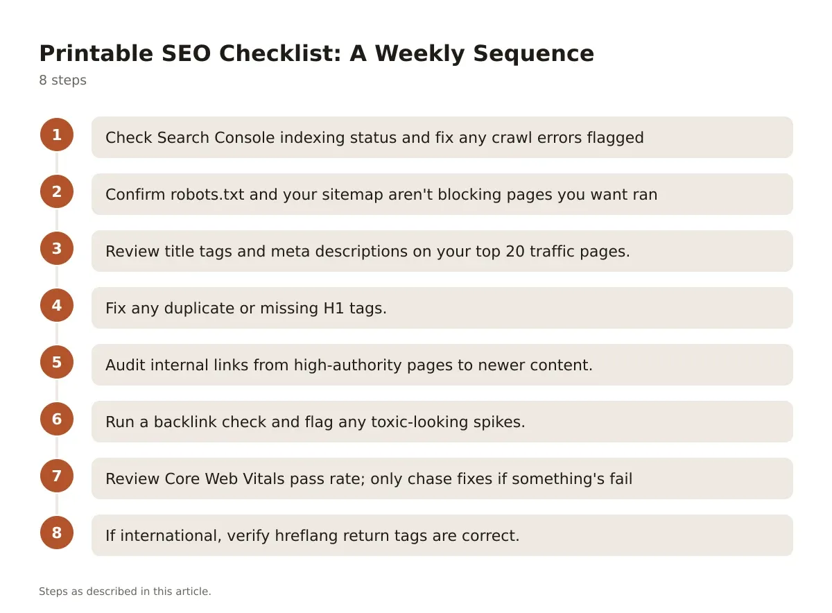 An eight-step process diagram showing a weekly sequence for completing an SEO checklist.
