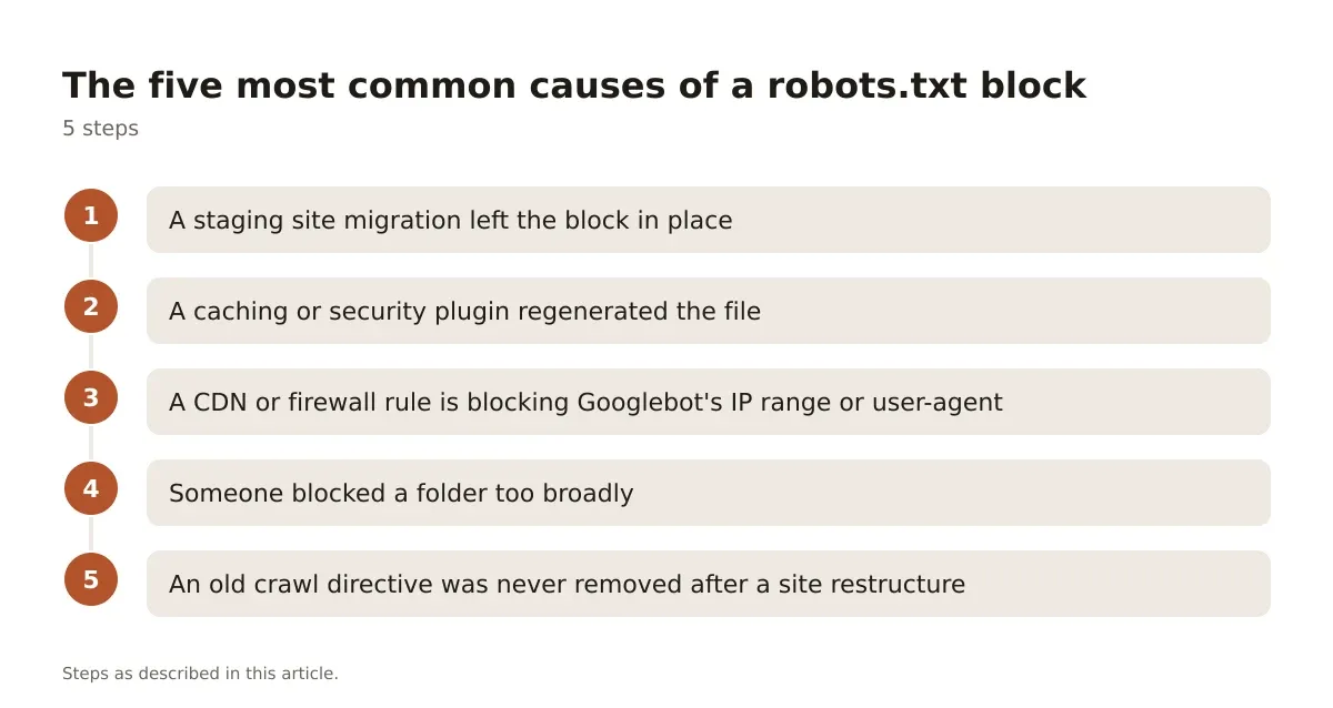 Five-step diagram listing the most common causes of a robots.txt block
